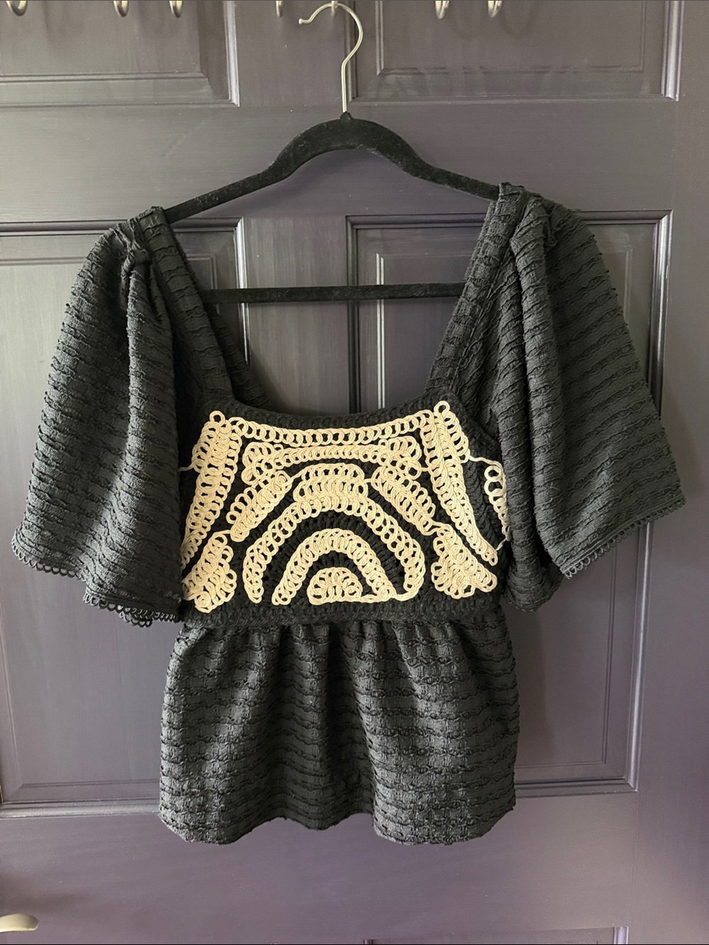 Anthropologie Black Tunic with Cream Crochet Bodice